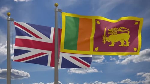 United Kingdom and Sri Lanka Flags Waving on Flagpoles