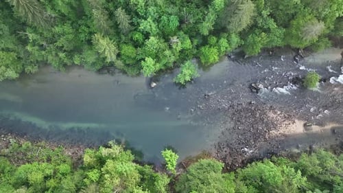 Flying over a river in mist on a beautiful sunrise
