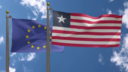 European Union and Liberia Flags Waving in Wind