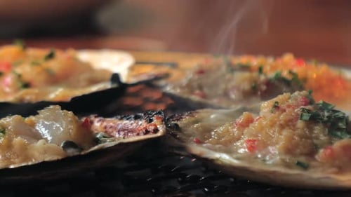 Big Fresh Scallop Shell Seafood Grill on Metal Net with Charcoal Barbecue in Korean Restaurant