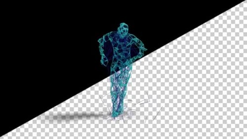 Digital Wireframe Human Figure Collapsing and Reforming Animation