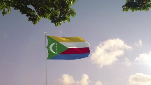 Flagge der Komoren mit moderner Stadt