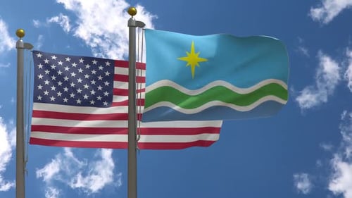 3D American and Portland Oregon Flags Waving in Wind