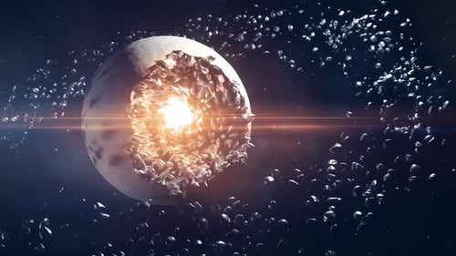 Zerstörter leuchtender Mond oder Planetoid im Weltraum - Orange