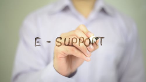 Hand Writing E-Support on Glass Close Up