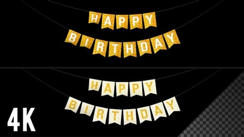 Happy Birthday Bunting Flags Golden Glitter 4K