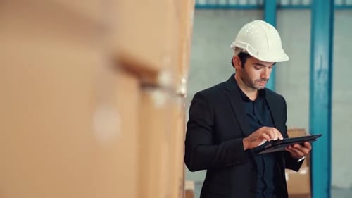 Factory Manager Using Tablet Computer in Warehouse or Factory