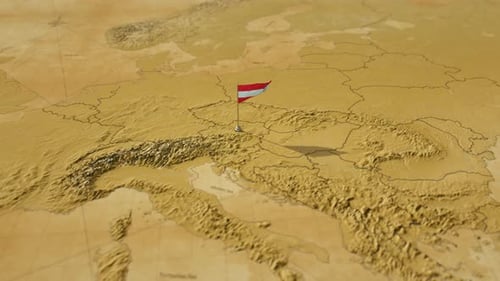 3D Waving Austria Flag Pin on Antique Europe Map