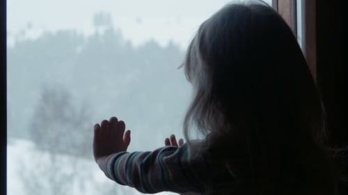 Little Cute Girl Behind Window In Winter