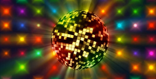 Animated Retro Disco Ball with Vibrant Party Lights Background