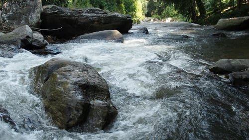 Wasserfall fließt auf Felsen im Wald