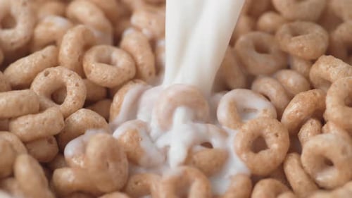 Pouring Milk over Circular Cereal, Close Up