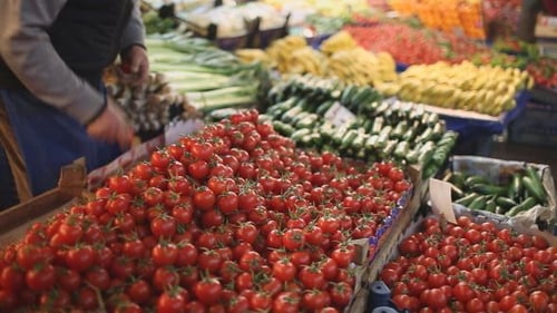 Abundance of Tomatoes and Produce in Urban Market