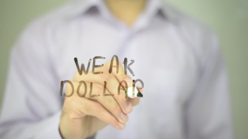 Hand Writing Weak Dollar on Glass Surface