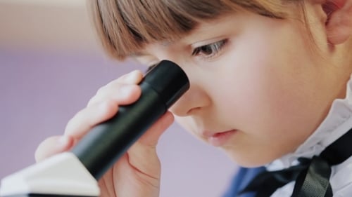 Junge Wissenschaftlerin blickt ins Mikroskop
