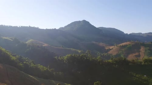 Aerial top view of forest trees and green mountain hills. Nature landscape background, Thailand.