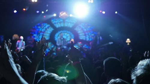 Energetic Crowd Enjoys Live Band Performing at Concert