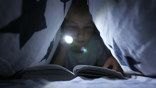 A Little Boy Reads a Book with a Flashlight Under the Covers at Night.