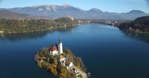 Aerial View Of St Martin Church On Island And Bled Lake Landscape With Mountain