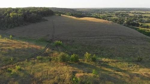 Aerial View of Green Fields and Hills on the Countryside, Green Valley, Village Skyline