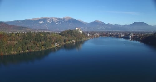 Aerial View Of Bled Castle And Bled Lake Landscape With Mountain