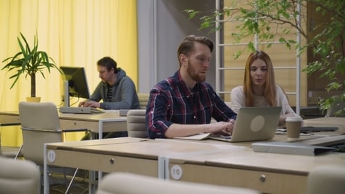 Woman And Man Discussing Business Processes, Open Space Office