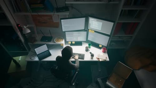 Animated Programmer Working on Multiple Screens in a Dark Room