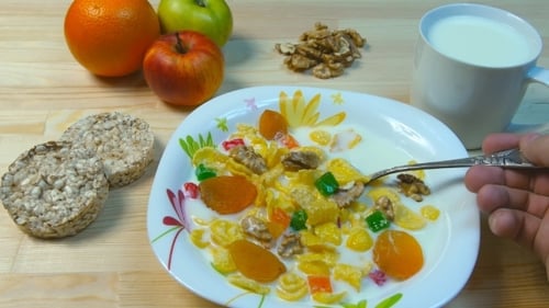 Healthy Breakfast Cereal with Milk and Fruit