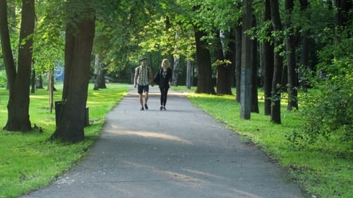 Couple Walking and Holding Hands in Park
