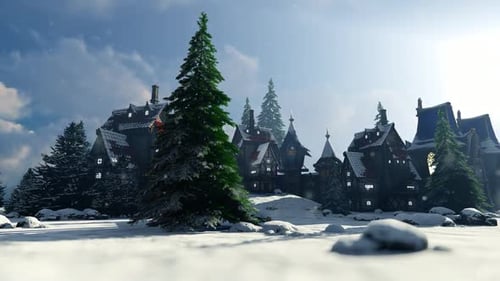 Cozy Winter Christmas Village with Falling Snow Landscape