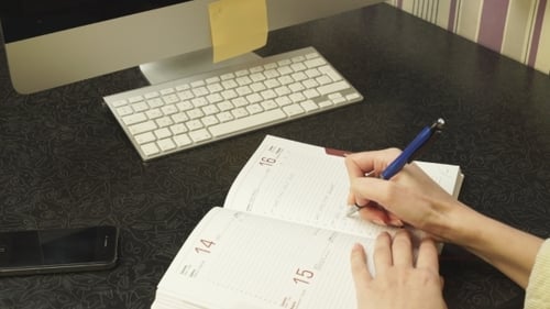 Woman writes in day planner at modern desk