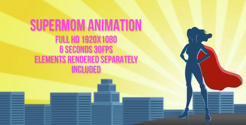 Animated Superheroine Silhouette with Cityscape and Sunburst Background