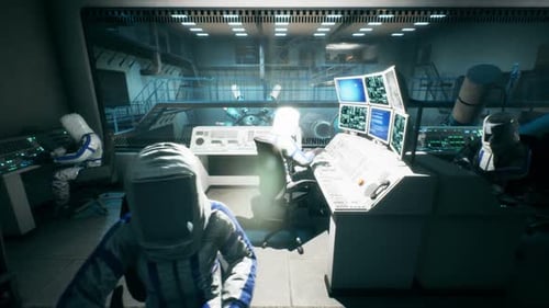 Futuristic Control Room with Operators and Advanced Scientific Machinery