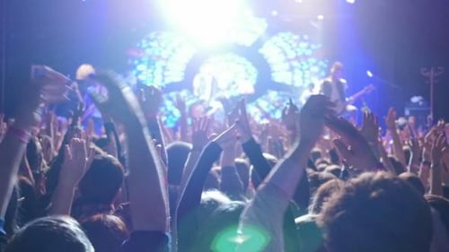 Energetic Crowd at Indoor Concert with Raised Hands