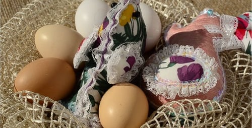 Easter Eggs and Dolls in Woven Basket