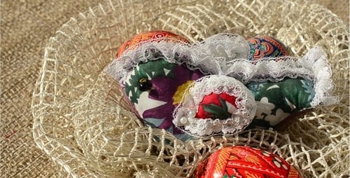 Decorated Easter Eggs and Fabric Bunny Still Life