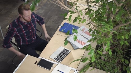Man Typing on Laptop in Green Office