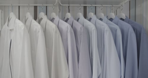 Organized Shirts Hanging in White and Blue