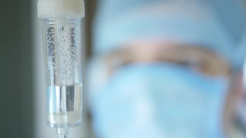 Close Up of IV Drip Bag in Hospital