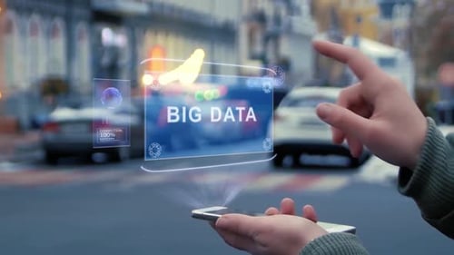 Female Hands Interact HUD Hologram with Text Big Data