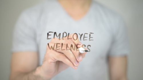 Writing Employee Wellness on Transparent Surface