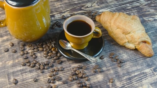 Coffee, Pastry, and Beans Overhead Shot
