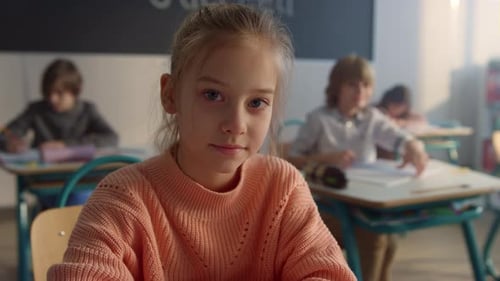 Elementary Student Sitting at School Desk in Classroom