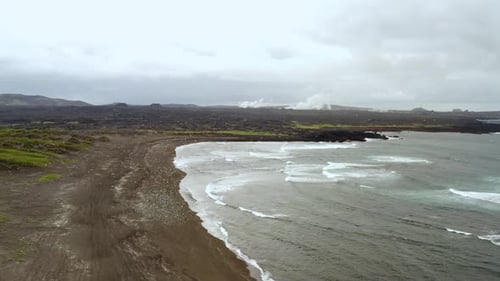 Scenic View Over Black Sand Beach in Reykjanes, Large Flock of Birds Flying