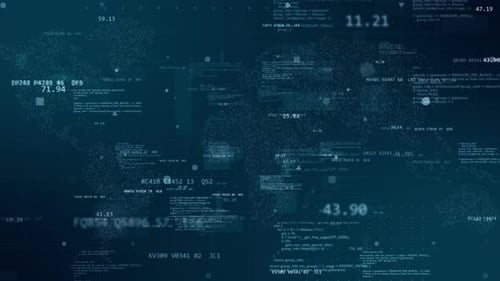 Blue digital cyberspace with program code on futuristic map background technology background