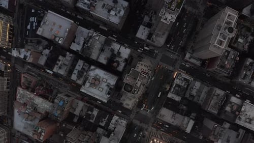 Birds Perspective Flight Over Manhattan New York City Busy Street Lights at Epic Dusk