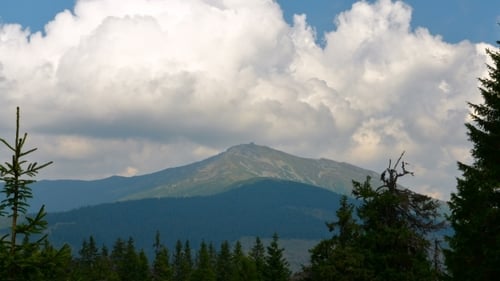 Moving Clouds Over The Mountain Peak. Carpathian Mountains.