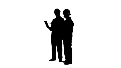 Silhouette Two Experienced Industrial Technicians Work On Laptop Track Matte.