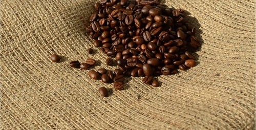 Roasted Coffee Beans on Burlap Background