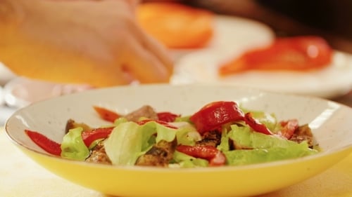 Hands Prepare Fresh Salad with Grilled Aubergine
